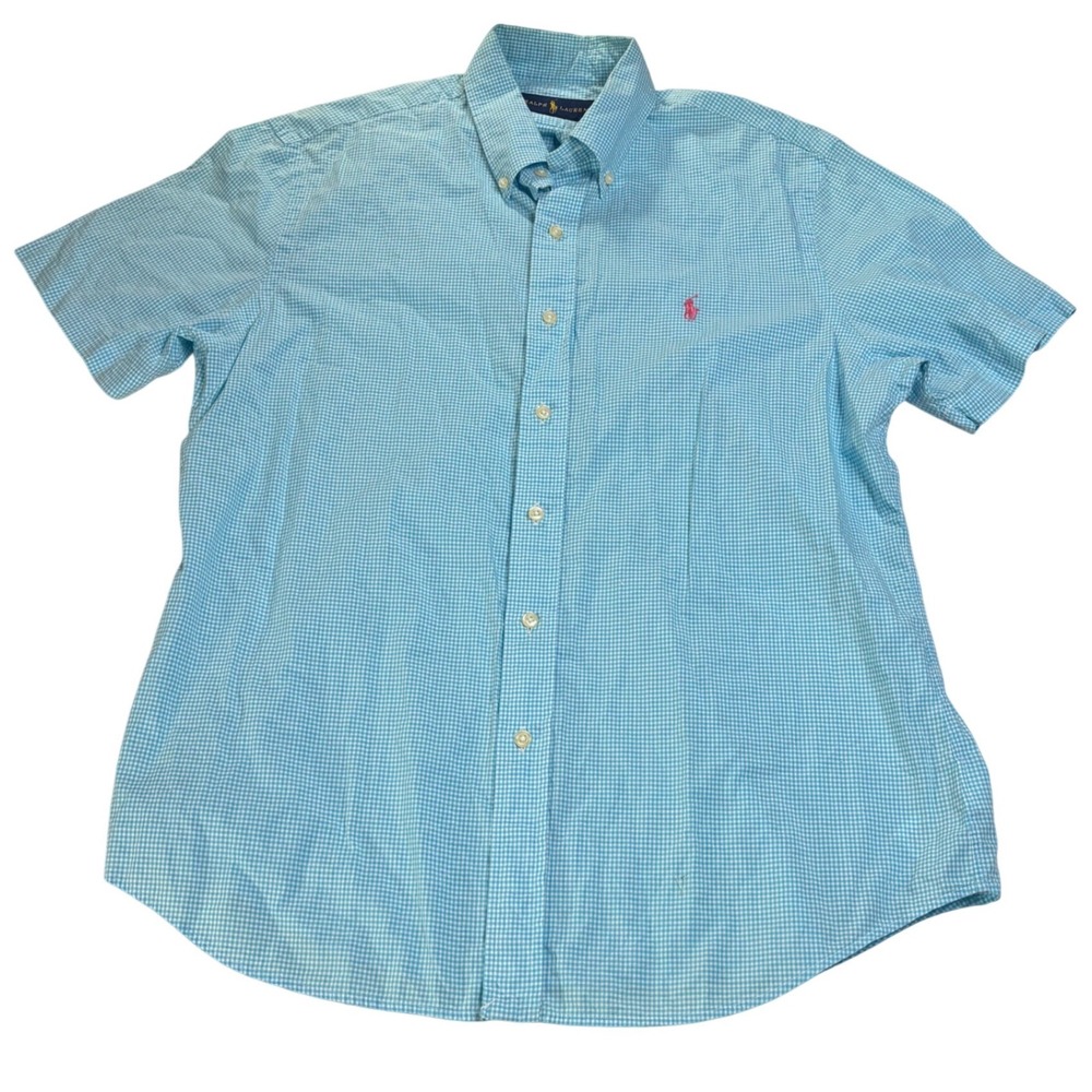 Polo Ralph Lauren Mens Short‎ Sleeve Gingham Button Down Turquoise Pink Pony